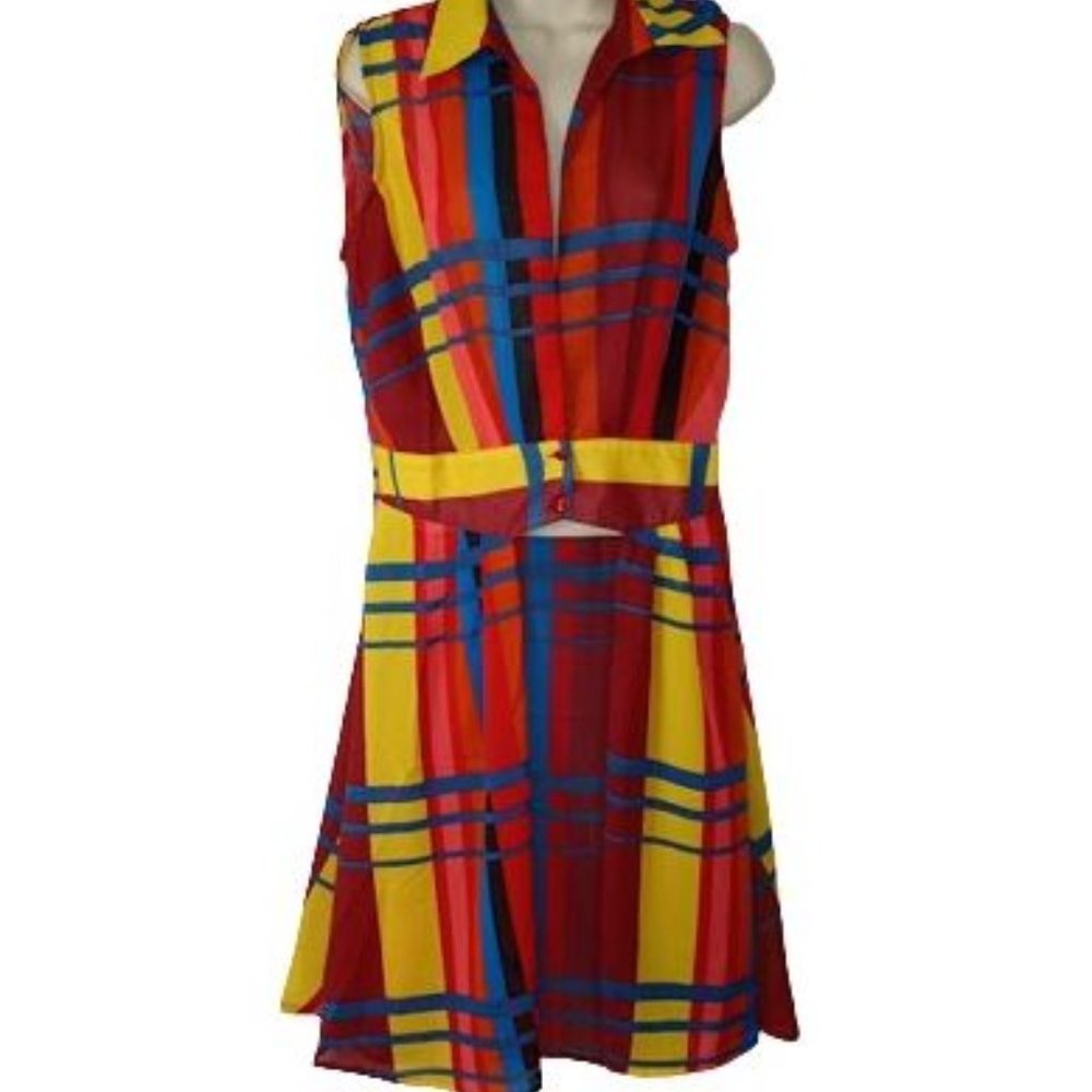 Thread Story Rainbow Plaid Woven Chiffon Cropped Tunic Hem Top